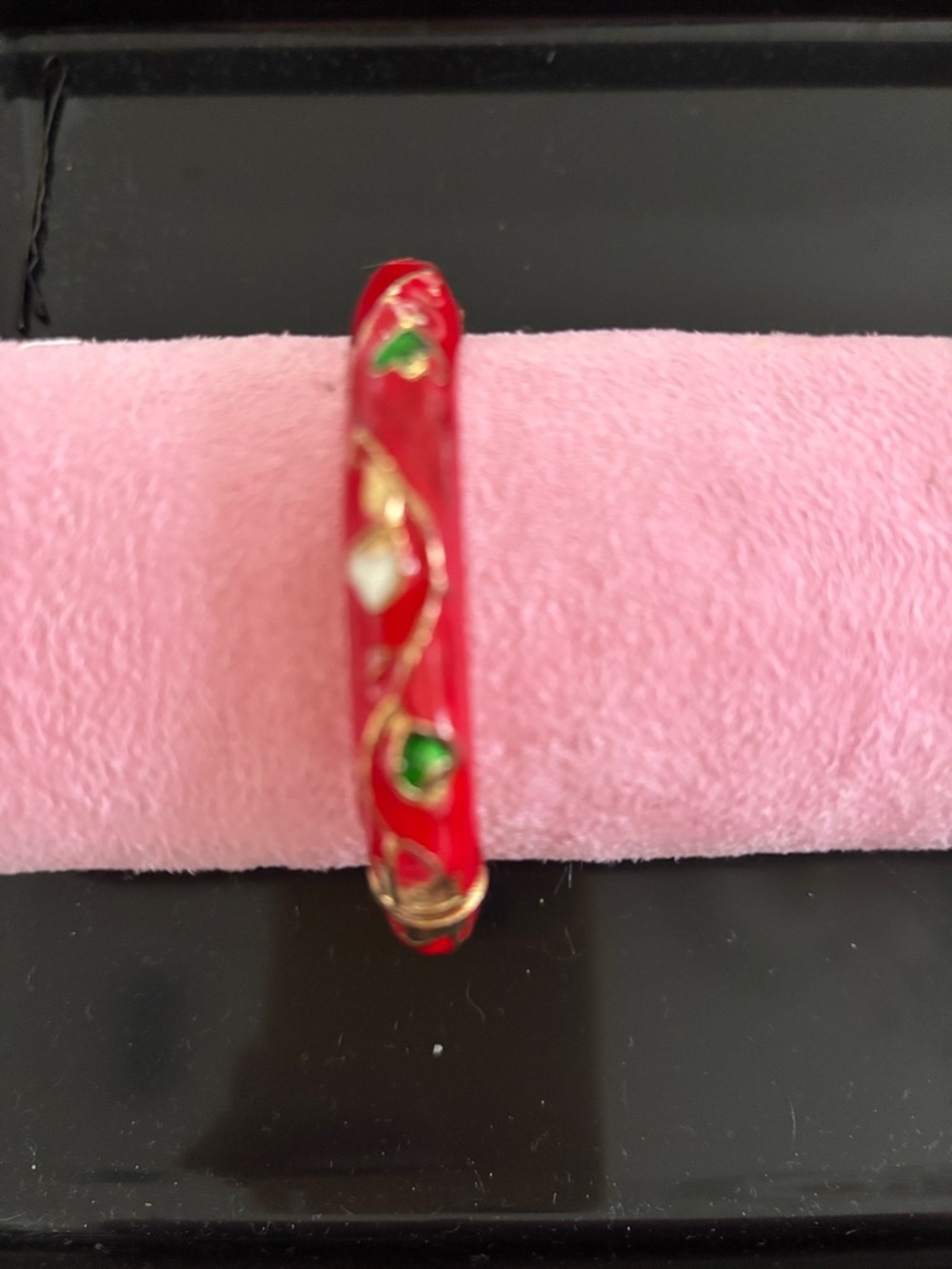 Red Cloisonné Enamel Bangle Bracelet with Green Accents